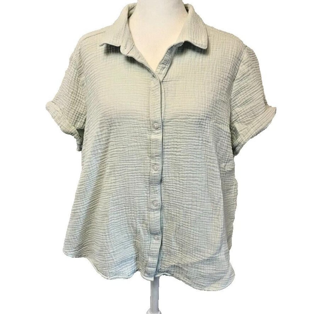 Lucky Brand Waffle Knit‎ Light Mint Green Soft Button-Down Blouse Women's Size L